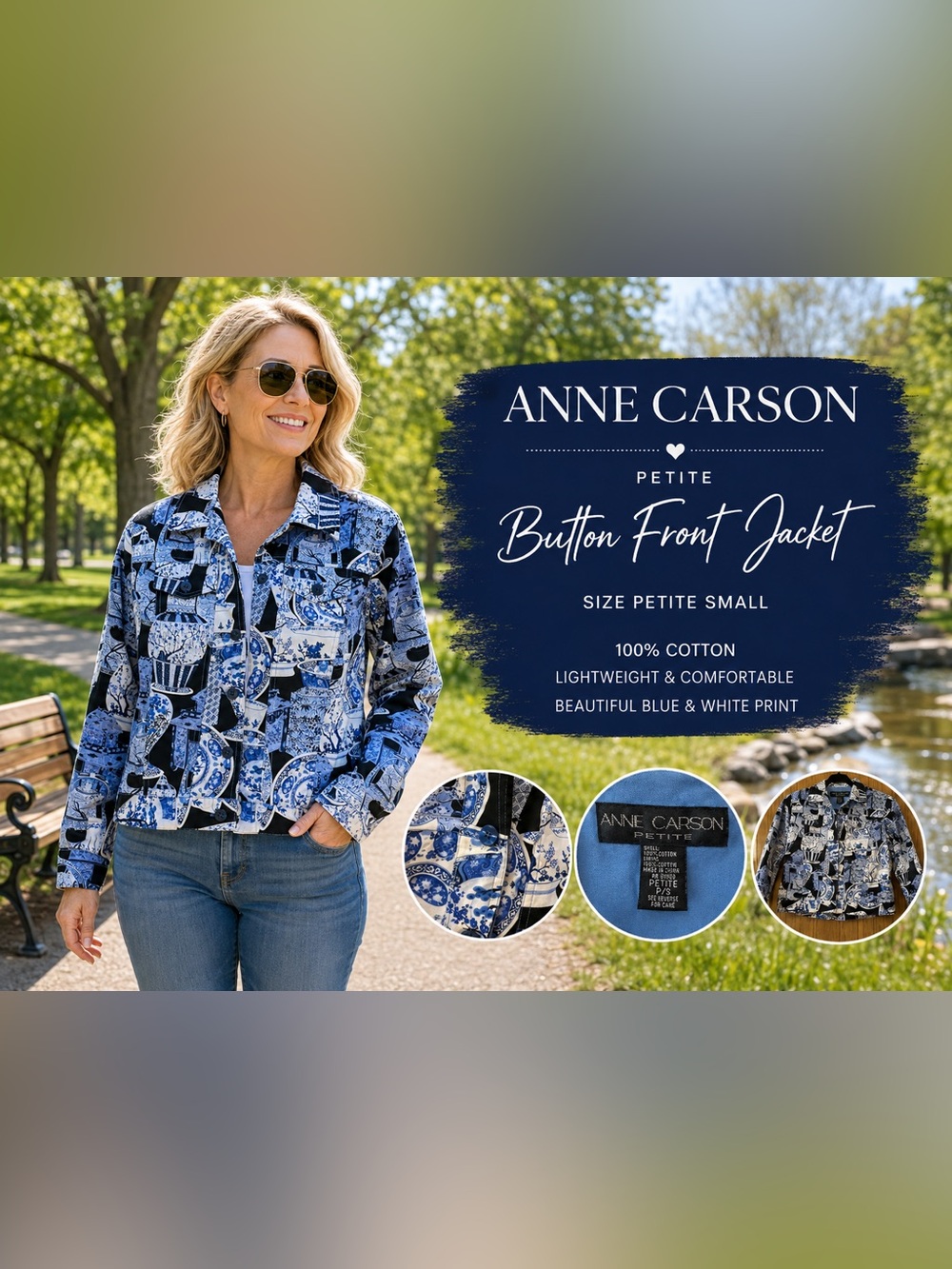 Anne Carson Blue & White Cotton Petite Jacket with Button Front